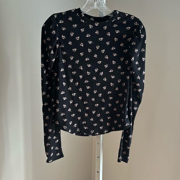 Aqua Black Floral Balloon Sleeve Ribbed Top Sz Medium - Picture 3 of 3